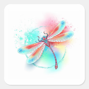 Sticker Carré Dragonfly rouge sur l'arrière - plan aquarelle