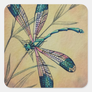 Sticker Carré Dragonfly vintage no 4 et Foliage Watercolor Art