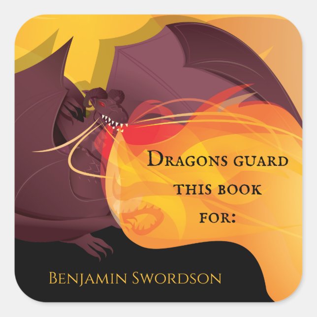 Sticker Carré Dragons Garde Ce Livre Feu Rouge Violet Plaque rou (Devant)