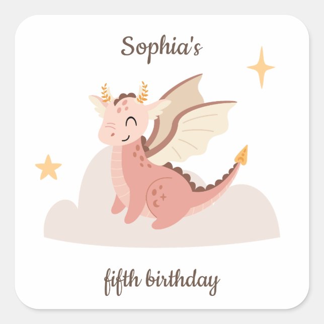Sticker Carré Dragons Pastel Mignons Anniversaire Enfants  (Devant)