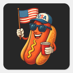 Sticker Carré Drapeau 4 juillet Hotdog Funny Patriotique USA