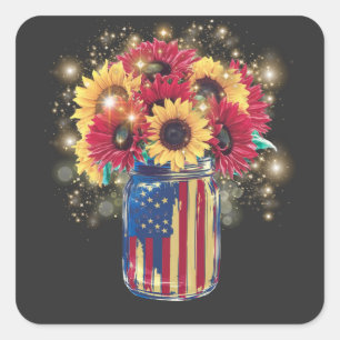 Sticker Carré Drapeau américain 4 juillet Patriotique Tournesols