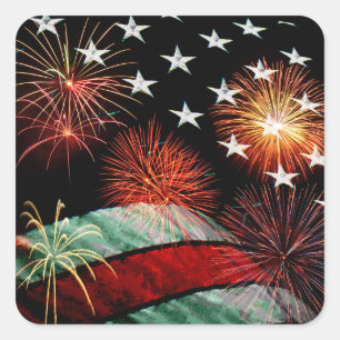 Sticker Carré Drapeau américain et feux d'artifice