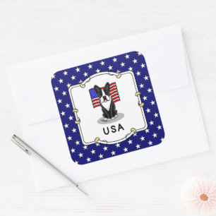 Sticker Carré Drapeau américain mignon Boston Terrier Dog (noir)