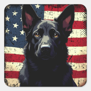 Sticker Carré Drapeau américain Patriotique Black German Shepher