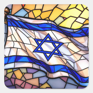 Sticker Carré Drapeau d'Israël en vitrail Mosaïque Art Judaica 