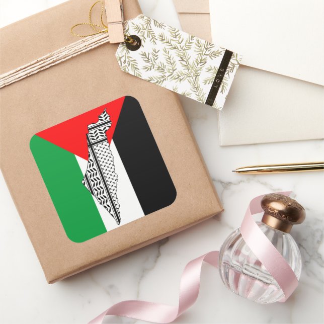 Sticker Carré Drapeau palestinien et carte avec Motif Keffiyeg (Cadeaux)