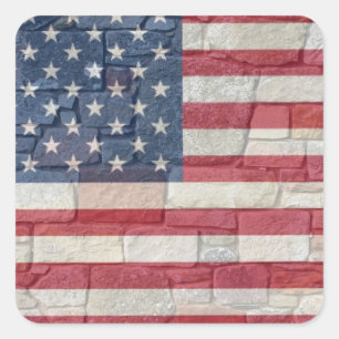 Sticker Carré Drapeau vintage Patriotique USA sur mur de pierre