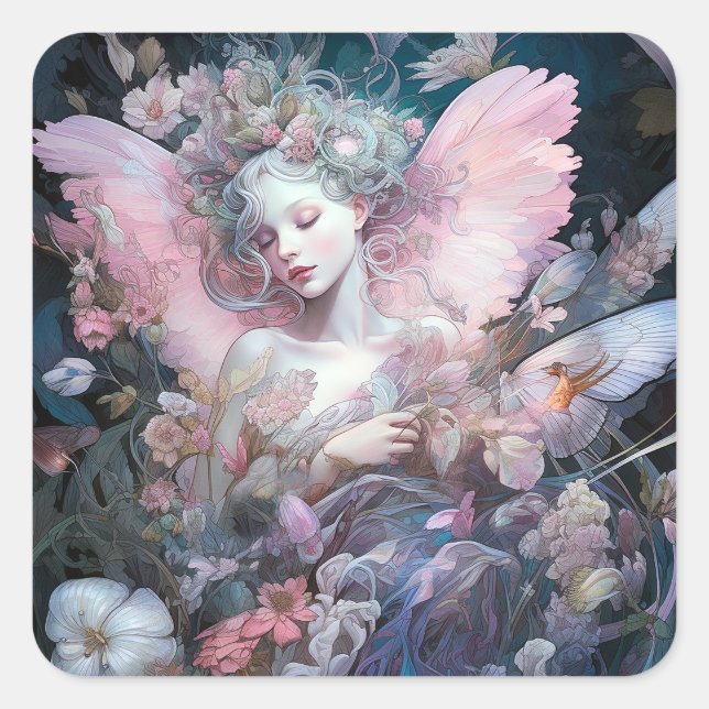 Sticker Carré Dreamy Fairy Girl Rose Blue Imaginaire Art (Devant)