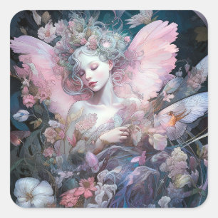 Sticker Carré Dreamy Fairy Girl Rose Blue Imaginaire Art