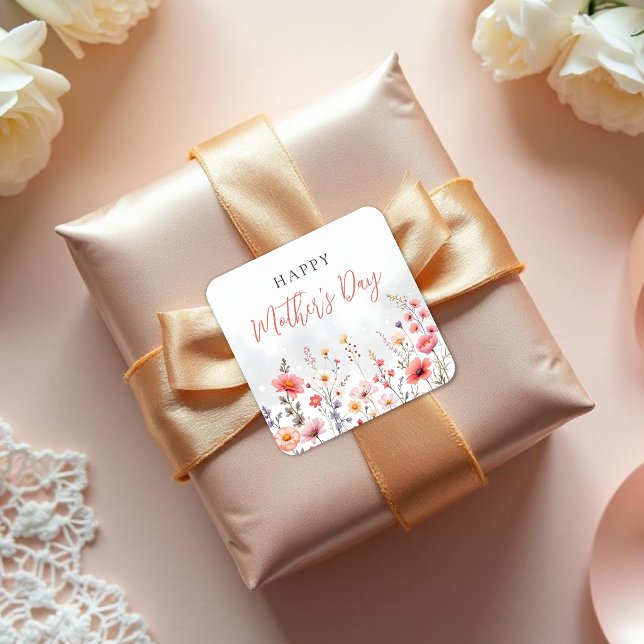 Sticker Carré Dreamy Wildflower Happy Mothers Day Garden Floral (Dreamy Spring Wildflower Garden Floral Watercolor Effect Happy Mothers Day Celebration Stickers.)