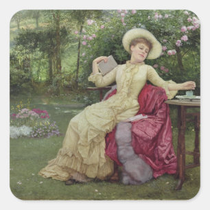 Sticker Carré Drinking Coffee and Reading in the Garden