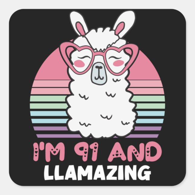 Sticker Carré Drôle Adorable Llama 91e Anniversaire Cadeau Pour  (Devant)