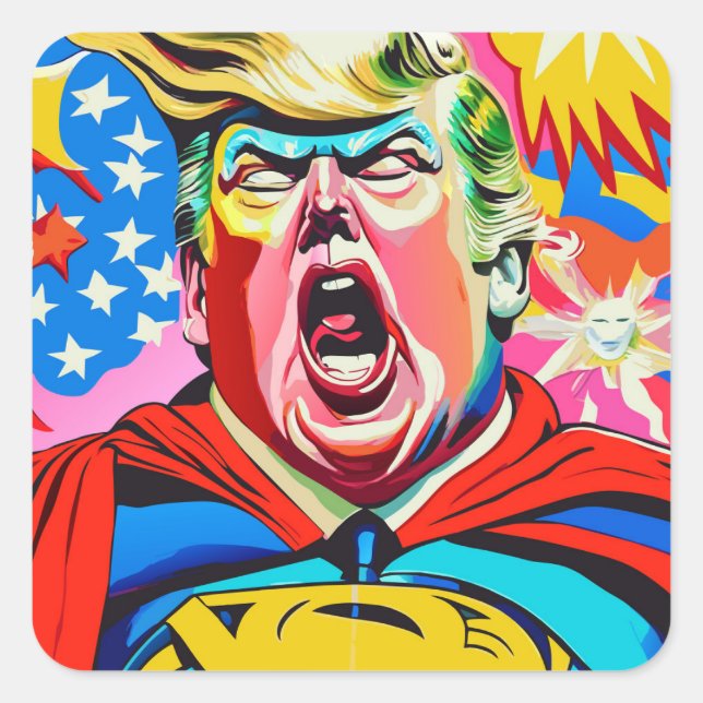 Sticker Carré Drôle Caricature Superhero Donald Trump Portrait (Devant)