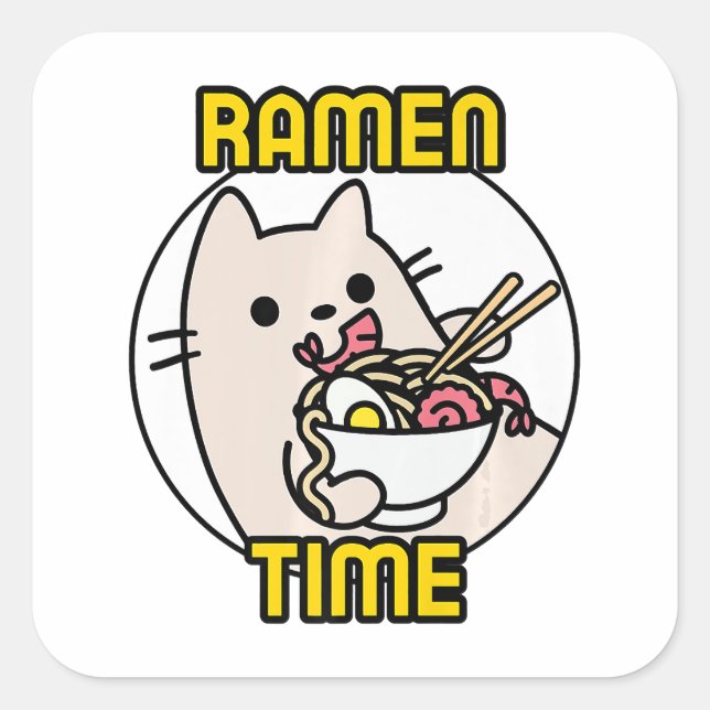 Sticker Carré Drôle Chat Manger Ramen Amoureux des chats Proprié (Devant)