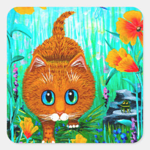 Sticker Carré Drôle Chat Orange Tabby Cartoon Créationarts