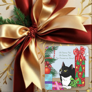Sticker Carré Drôle Chat Tuxedo Noir Blanc Sapin de Noël