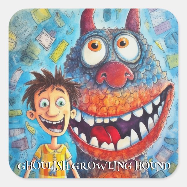 Sticker Carré Drôle chien monstre : Ghoulish Growling Hound (Devant)