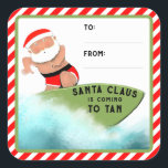 Sticker Carré Drôle Christmas Beach Cadeau Tags<br><div class="desc">Des autocollants créatifs de marque cadeau de vacances avec Père Noël surf. Modifier le texte pour ajouter le nom.</div>