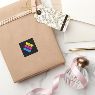 Sticker Carré Drôle coloré WOW dire simple rose bleu jaune