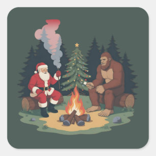 Sticker Carré Drôle de Bigfoot Noël Santa Sasquatch Camping