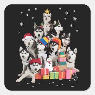 Sticker Carré Drôle de Noël en arbre de Sibérien Husky Amoureux 