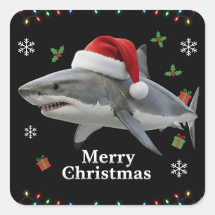 Sticker Carré Drôle de requin de Noël Chapeau de Père Noël Réali