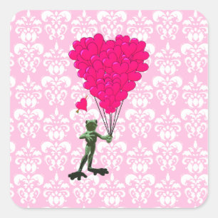 Sticker Carré Drôle dessin de grenouille & coeur rose sur damask