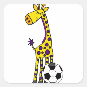 Sticker Carré Drôle Giraffe Jouer Soccer dessin animé