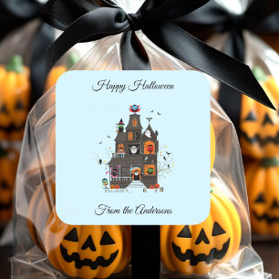 Sticker Carré Drôle Happy Halloween Haunted House People