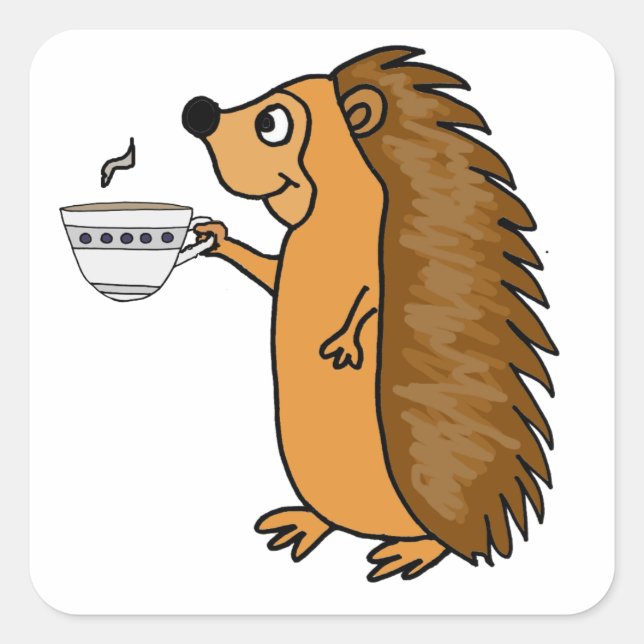 Sticker Carré Drôle Hérisson Boire Carton Thé (Devant)