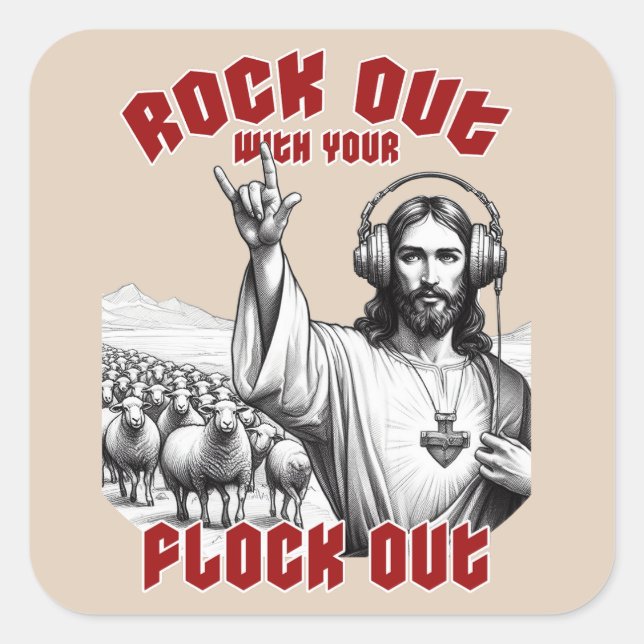 Sticker Carré Drôle Jesus Rock Out avec votre troupeau (Devant)