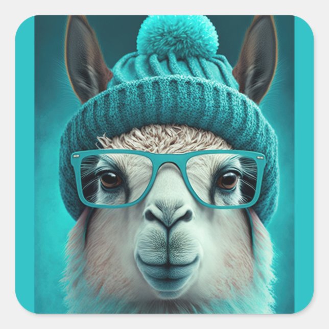 Sticker Carré Drôle Llama Alpaca mignonette Animaux Beanie Casqu (Devant)