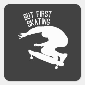 Sticker Carré drôle mais premier patinage en blanc