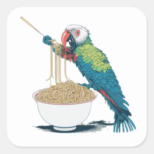 Sticker Carré Drôle Perroquet mangeant des nouilles de ramen