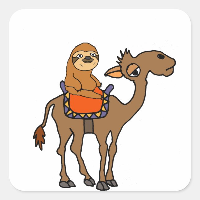 Sticker Carré Drôle Sloth Riding Camel Cartoon (Devant)