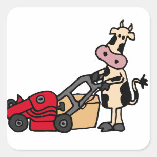 Sticker Carré Drôle Vache Poussant Rouges Lune Mower Dessin
