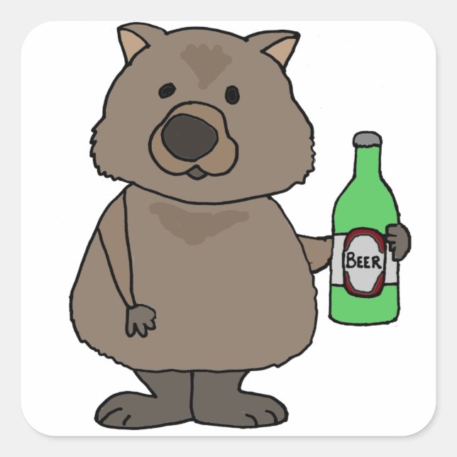Sticker Carré Drôle Wombat Boisson Bouteille de Bière Cartoon (Devant)