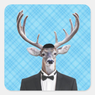 Sticker Carré Drôle Yarmulke Happy Hanoukka Deer Blue Plaid