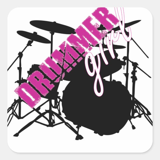 Sticker Carré Drummer Girl Purple and White Text with Drum Kit (Devant)