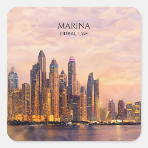Sticker Carré Dubaï Marina Skyline Aquarelle Lumières de la vill