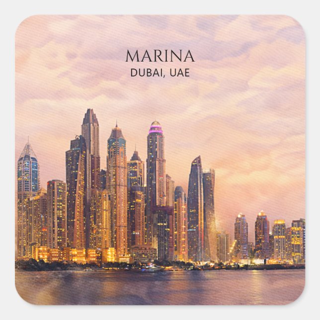 Sticker Carré Dubai Marina Skyline Watercolor City Lights Travel (Devant)