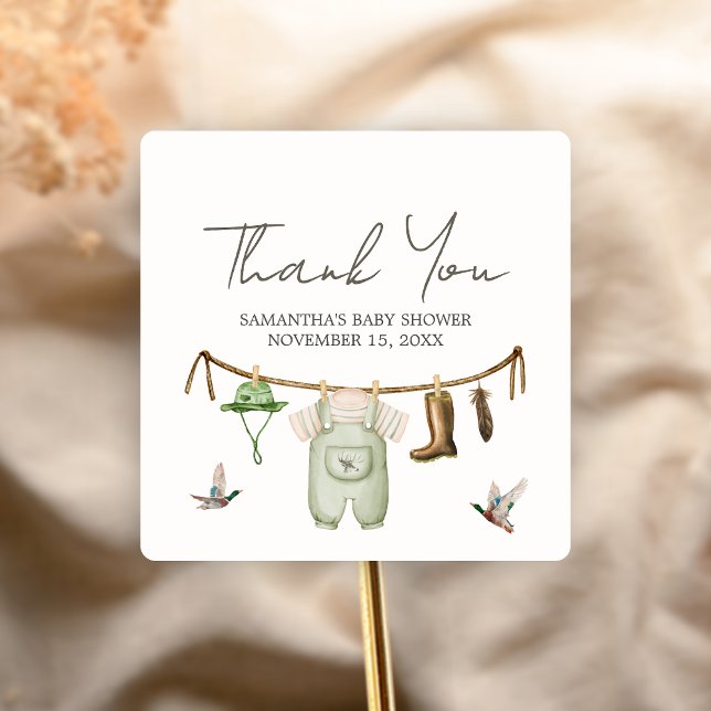 Sticker Carré Duck Hunting Baby Shower (Little Hunter Duck Baby Shower Sticker)