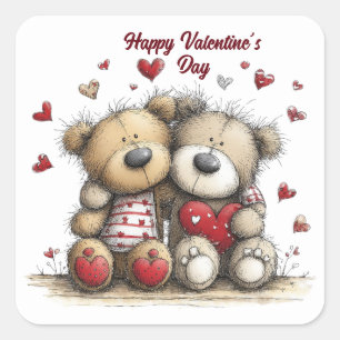 Sticker Carré Duo d'ours en peluche avec accents de cœur pour sc