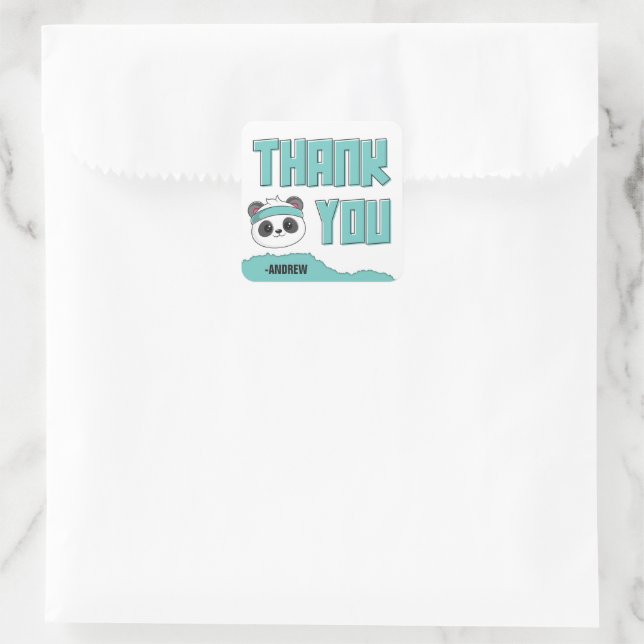 Sticker Carré Duo Turquoise et noir Panda Anniversaire Merci (Sac)