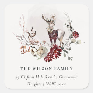 Sticker Carré Dusky Stag Maroon Folion Wreath Christmas Adresse