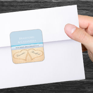 Sticker Carré Dusty Blue Beach Mariage 2 Coeurs dans le sable