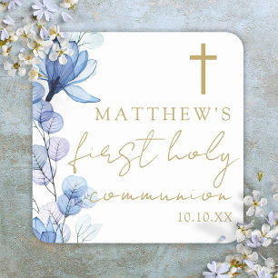Sticker Carré Dusty Blue Elegant Floral Première Sainte Communio