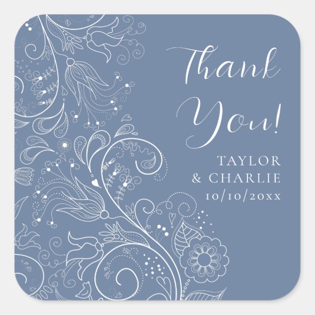 Sticker Carré Dusty Blue élégant Mariage Floral Merci (Devant)