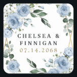 Sticker Carré Dusty Blue et or élégant Floral Rustic Mariage<br><div class="desc">Le design se compose d'un élégant cadre géométrique de couleur or (imprimé) décoré en rose aquarelle, pivoines, hydrangée, souffle de bébé et plus encore sur différents types de branches vertes et feuilles. Le bleu poussiéreux est conçu pour présenter différentes nuances de couleur dans les fleurs pour correspondre à la variété...</div>